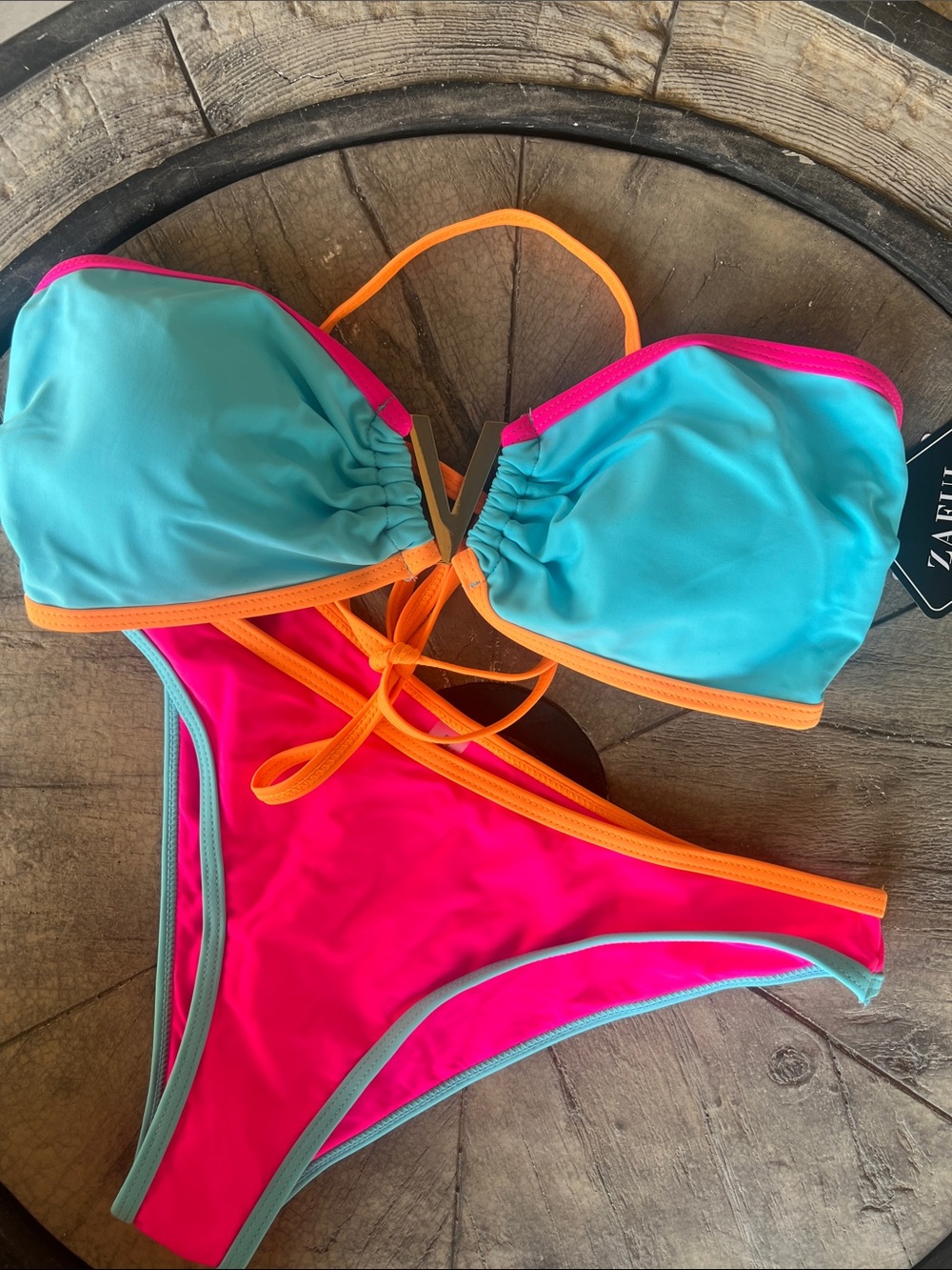 Zaful Turquoise, Hot Pink & Orange Colorblock Bikini medium B14